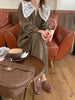 Women Autumn Beige Long Loose Lace Dress V Neck Straight Full Sleeve Pullover Maxi Dresses Female