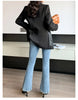 Autumn Black Wool Blends Patchwork Leather Jacket Women with Many Pockets Long Sleeve Korean Streetwear