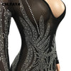 Women Long Sleeve V-neck Rhinestones Slit Back Crystal Bodycon Maxi Dress Sexy Club Party Pencil Evening Long Dress