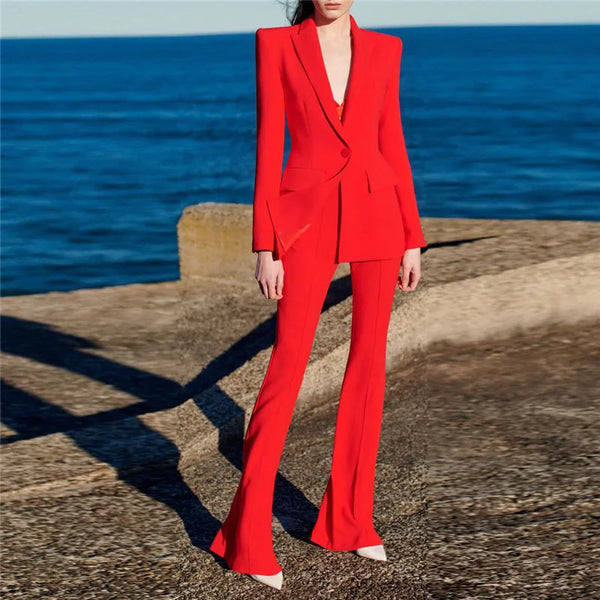 Designer Blazer Suit Set Women's Single Button Red Blazer Flare Pants Suit