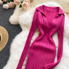 Women Korean Knitted Dress Long Sleeve V Neck Elastic Slim Pencil Dresses Autumn Sexy Bodycon Split Sweater Dress