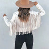 Womens Vintage Lapel Long Sleeve Fringe Cropped Hippie Motor Biker Cardigan Outwears Faux Suede Tassel Jacket