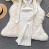 Women Korean Knitted Dress Long Sleeve V Neck Elastic Slim Pencil Dresses Autumn Sexy Bodycon Split Sweater Dress