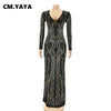 Women Long Sleeve V-neck Rhinestones Slit Back Crystal Bodycon Maxi Dress Sexy Club Party Pencil Evening Long Dress