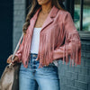 Womens Vintage Lapel Long Sleeve Fringe Cropped Hippie Motor Biker Cardigan Outwears Faux Suede Tassel Jacket