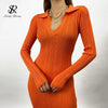 Women Korean Knitted Dress Long Sleeve V Neck Elastic Slim Pencil Dresses Autumn Sexy Bodycon Split Sweater Dress