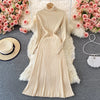 Women Pleated Knitted Dress Turtleneck Long Sleeve Elastic Slim Pencil Dress Autumn Winter Sexy Bodycon Sweater Dress