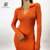 Women Korean Knitted Dress Long Sleeve V Neck Elastic Slim Pencil Dresses Autumn Sexy Bodycon Split Sweater Dress