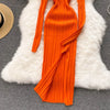 Women Korean Knitted Dress Long Sleeve V Neck Elastic Slim Pencil Dresses Autumn Sexy Bodycon Split Sweater Dress