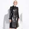 Long Black Faux Leather Trench Coat for Women, Belt, Double Breasted, Vintage, British Style, Overcoat, 6XL, 7XL, Spring