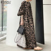 Leopard Printed Women's Maxi Dress Vacation Spring Puff Sleeve Long Vestidos Casual V Neck Robe Oversize