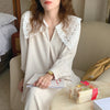 Women Autumn Beige Long Loose Lace Dress V Neck Straight Full Sleeve Pullover Maxi Dresses Female