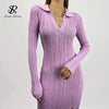 Women Korean Knitted Dress Long Sleeve V Neck Elastic Slim Pencil Dresses Autumn Sexy Bodycon Split Sweater Dress
