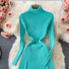 Women Pleated Knitted Dress Turtleneck Long Sleeve Elastic Slim Pencil Dress Autumn Winter Sexy Bodycon Sweater Dress