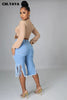 Women Jeans Hole Ripped Tassle Low Waist Elastic Flare Knee Length Denim Pants Sexy High Street Trousers