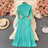 Women Pleated Knitted Dress Turtleneck Long Sleeve Elastic Slim Pencil Dress Autumn Winter Sexy Bodycon Sweater Dress