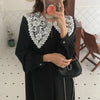 Women Autumn Beige Long Loose Lace Dress V Neck Straight Full Sleeve Pullover Maxi Dresses Female