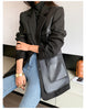 Autumn Black Wool Blends Patchwork Leather Jacket Women with Many Pockets Long Sleeve Korean Streetwear