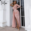 Light Blue Sequin Party Dress Women One Shoulder Long Sleeve Ruffles Side Split Draped Evening Prom Dresses Long Gown