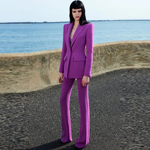 High Street Runway Designer Suit Set Women's Single Button Blazer Flare Pants Suit