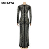 Women Long Sleeve V-neck Rhinestones Slit Back Crystal Bodycon Maxi Dress Sexy Club Party Pencil Evening Long Dress
