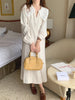 Women Autumn Beige Long Loose Lace Dress V Neck Straight Full Sleeve Pullover Maxi Dresses Female