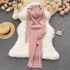 Women Korean Knitted Dress Long Sleeve V Neck Elastic Slim Pencil Dresses Autumn Sexy Bodycon Split Sweater Dress