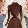Women Pleated Knitted Dress Turtleneck Long Sleeve Elastic Slim Pencil Dress Autumn Winter Sexy Bodycon Sweater Dress