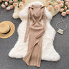 Women Korean Knitted Dress Long Sleeve V Neck Elastic Slim Pencil Dresses Autumn Sexy Bodycon Split Sweater Dress