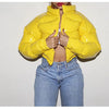 Winter Women Puffer Jackets Long Sleeve Zip Up Stand Collar Cropped Bubble Down Coats Shiny Metallic Quilted Parkas