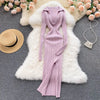 Women Korean Knitted Dress Long Sleeve V Neck Elastic Slim Pencil Dresses Autumn Sexy Bodycon Split Sweater Dress