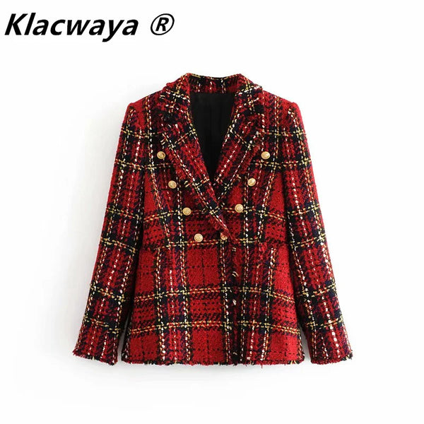 Tweed women red plaid blazers 2021winter women vintage jackets female patchwork blazer coats girls chic outfit clothes