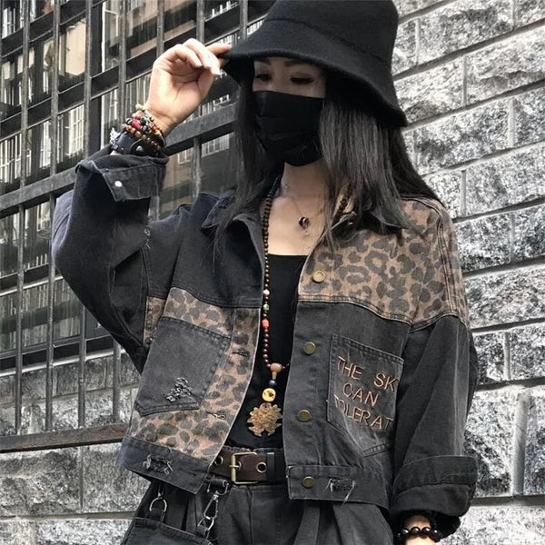 Embroidery Leopard Jeans Jacket Feminine Short Coats Distressed Brushed Streetwear Loose Spring Autumn Outwear Women's Jackets