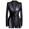 Autumn Black Slim Soft Pu Leather Jacket Women Deep V Neck Long Puff Sleeve Elegant Skirted Blazer