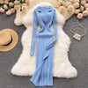 Women Korean Knitted Dress Long Sleeve V Neck Elastic Slim Pencil Dresses Autumn Sexy Bodycon Split Sweater Dress