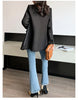 Autumn Black Wool Blends Patchwork Leather Jacket Women with Many Pockets Long Sleeve Korean Streetwear
