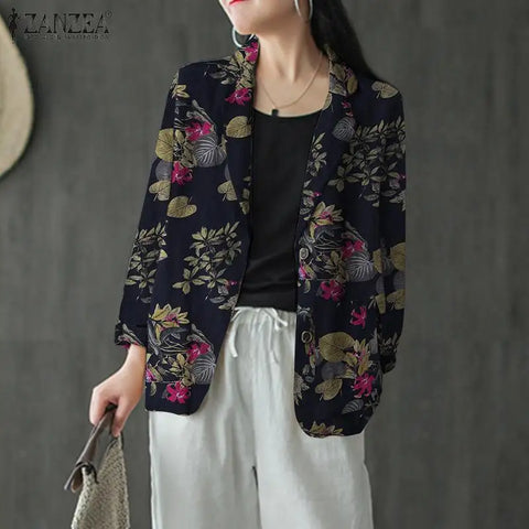 Elegant Women Printed Blazer Casual Single Button Blouse Autumn Coats Long Sleeve Bohemian Floral Jackets Oversized