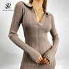 Women Korean Knitted Dress Long Sleeve V Neck Elastic Slim Pencil Dresses Autumn Sexy Bodycon Split Sweater Dress