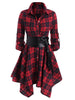 Gothic Casual Dress Women Red Plaid Belted Roll Tab Sleeve Handkerchief Dress Vestidos Autumn Long Sleeve A-Line Party Dress