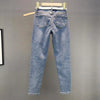 Women's Rhinestone Skinny Jeans, High Waist, 9 Points Pants, Denim Overalls, Elastic, Heavy Industry, Spring, Autumn