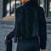 Womens Vintage Lapel Long Sleeve Fringe Cropped Hippie Motor Biker Cardigan Outwears Faux Suede Tassel Jacket