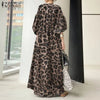 Leopard Printed Women's Maxi Dress Vacation Spring Puff Sleeve Long Vestidos Casual V Neck Robe Oversize