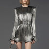Women's Sexy Glitter Flare Long Sleeve Belted Pleated Mini Party Dress