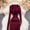 Women Korean Knitted Dress Long Sleeve V Neck Elastic Slim Pencil Dresses Autumn Sexy Bodycon Split Sweater Dress