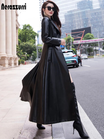 Maxi Fit and Flare Leather Trench Coat for Women Spring Long Designer Clothing Women Long Sleeve Lapel