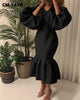 Women Evening Dress Solid Full Puff Sleeve V-neck Long Maxi Trumpet Dresses Vintage Party Vestidos Fall Outfit