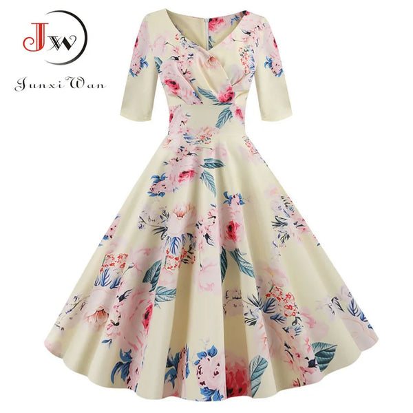 Women Flower Print Autumn Dress Casual Winter Half Sleeve Elegant Vintage Dress Robe Femme Pinup Office Party Vestidos