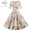 Women Flower Print Autumn Dress Casual Winter Half Sleeve Elegant Vintage Dress Robe Femme Pinup Office Party Vestidos