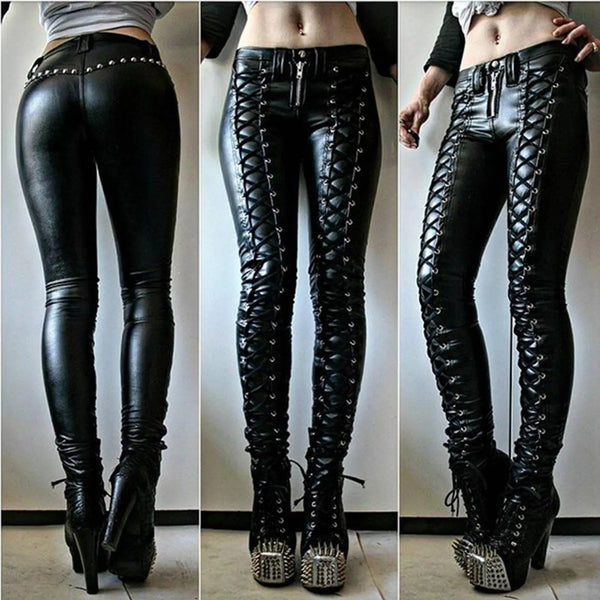 Steampunk Women Faux Leather Cosplay Pants Carnival Party Skinny Button Trousers Workout Leggings High Waist Girl Pants