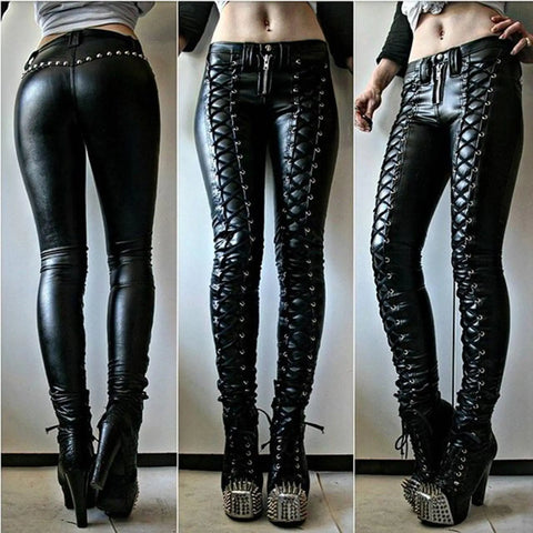 Steampunk Women Faux Leather Cosplay Pants Carnival Party Skinny Button Trousers Workout Leggings High Waist Girl Pants